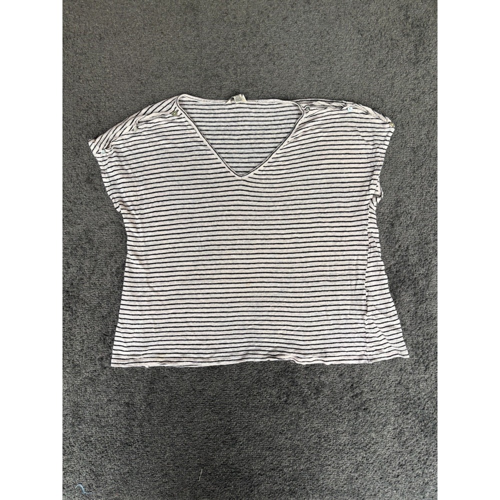 Lucky Brand T-Shirt Womens Large Beige Black Striped V-Neck Short Sleeve Pullove
